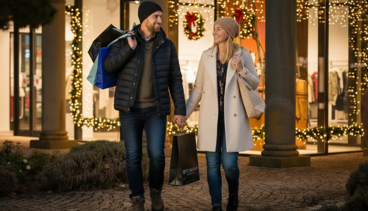 Paar beim winterlichen Weihnachtsshopping im A6 Fashion Place mit Einkaufstüten und festlicher Beleuchtung im Hintergrund.